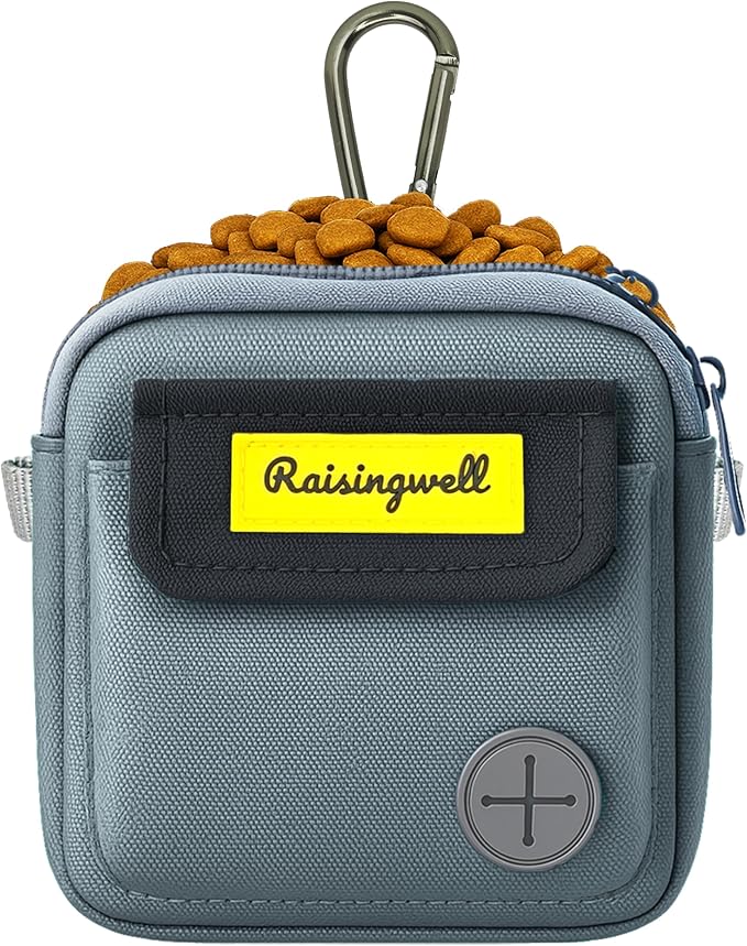 Dog Treat Pouch for Pet Walking and Training with Clicker Poop Bags and Three Bags Design Small Fanny Zipper Pack Holder for Puppy Snack Dispenser Kit for Leash and Outdoor Use (Gray)