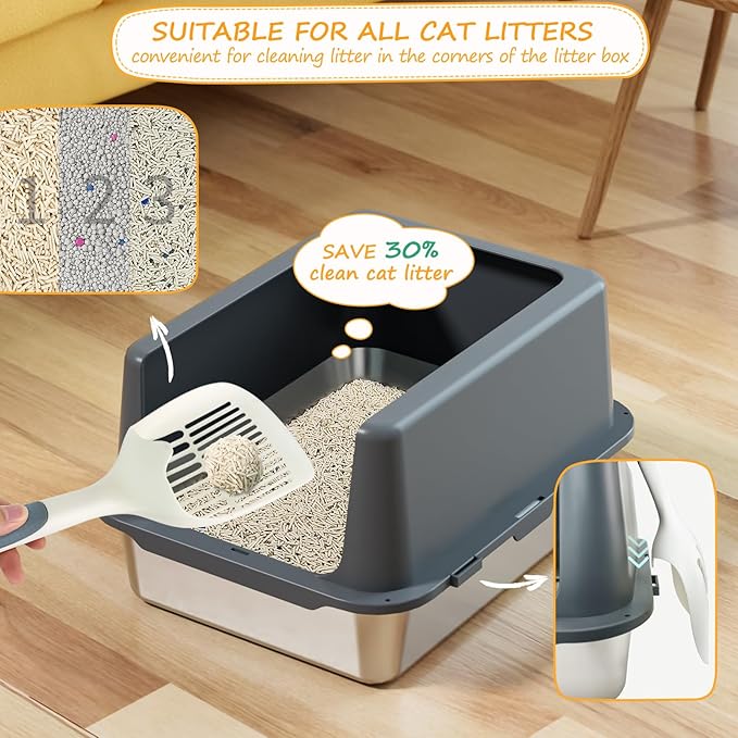 Stainless Steel cat Litter Box, Covered Metal Litter Box, cat Litter Pans with high Sides, Kitty Litter Boxes for Indoor Cats (Non Sticky, Easy to Clean, Anti-Urine Leakage) 17.5" L x 13.5" W x 4" H
