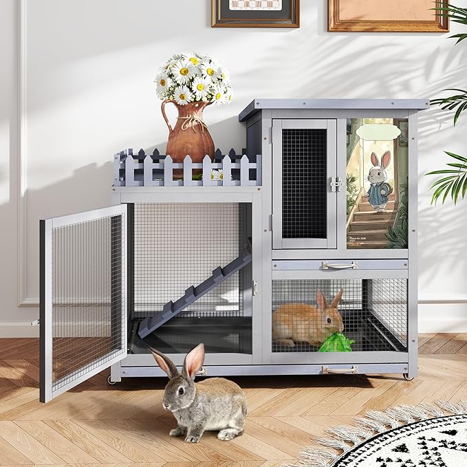 Wood Rabbit Hutch with Balcony - Small Animal House Bunny Cage on Wheels for Indoor Outdoor, Rabbit Cage Included Ramp, Pull Out Tray, (Grey with Pattern)
