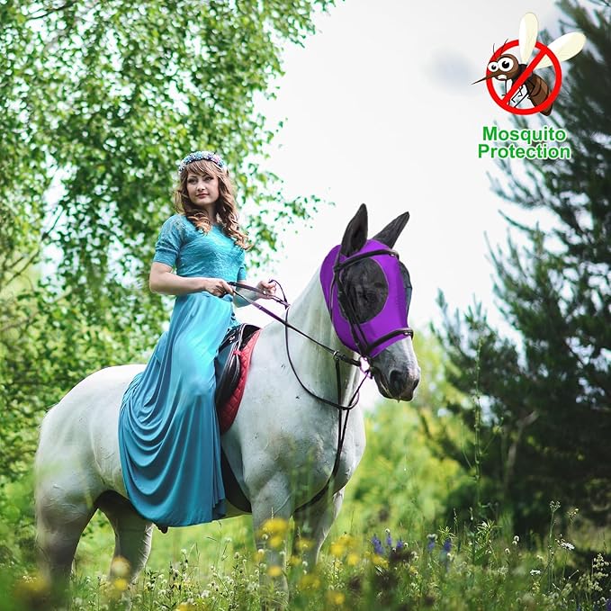 Horse Fly Mask with Ears, Comfortable Fit Stretch Fabric with UV Protection Soft on Skin Breathability for Small/Medium Size Horses (Purple)