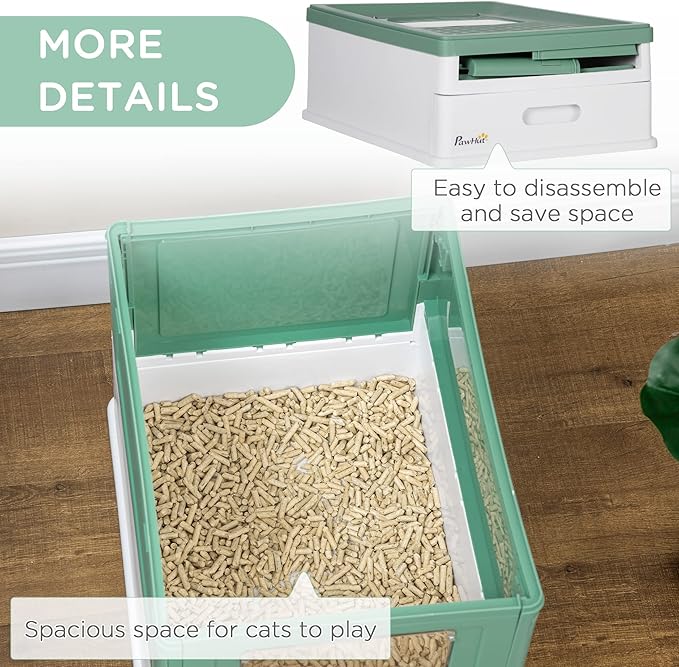 PawHut Fully Enclosed Litter Box with Scoop, Hooded Litter House with Drawer Tray, Foldable Smell Proof Cat Potty with Front Entry, Top Exit, Portable Pet Toilet with Large Space, Green
