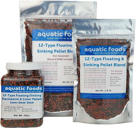 Aquatic Foods Inc. 12-Type Ultra Mix of 1mm, 2mm, 3mm Floating & Sinking California Blackworm and Intense Coloring Pellets for All Tropical Fish & Pond Fish…10oz Jar
