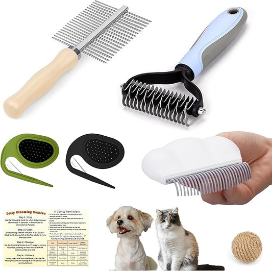 Upgraded All-in-One Pet Grooming Kit – Includes Detangling, Shedding, Dual-Sided & Massaging Tools, Ergonomic Non-Slip Handle, Safe for Cats & Dogs