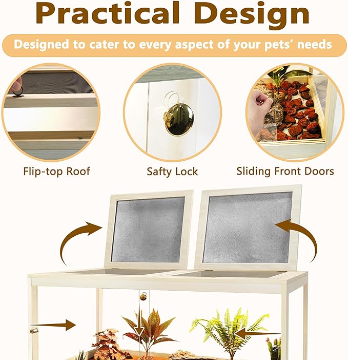 Reptile Terrarium Tank Up to 78 Gallon, Lizard Tank Bearded Dragon Tank with Metal Mesh Roof Door, Snake Tank with Lock Design (Oak, 78 Gallon Volume, 48 Inch Length)