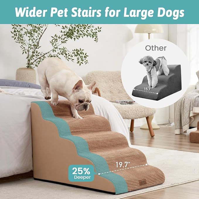 Extra Wide Dog Stairs 19.7" Width, Large Pet Step for Small Medium Dog, Puppy or Cat, Ramp for High Bed or Car, High Density Foam Ladder, Stable, 5 Step, 19.7x33x22.4 inch, Light Brown