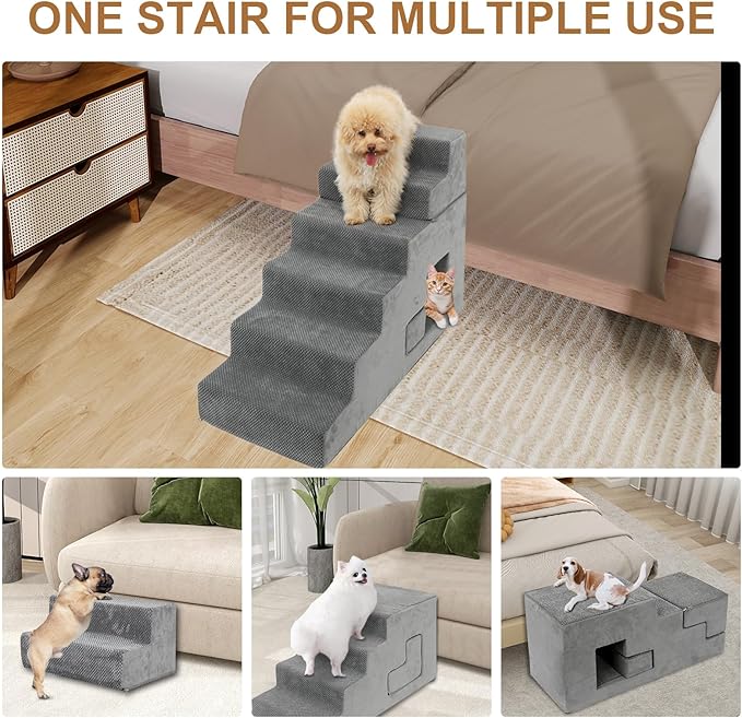Dog Stairs for Small Dogs 27”H, 6-Step Dog Steps for High Bed, High-Density Foam Pet Stairs with Non-Slip Removable Washable Cover to Get on Bed