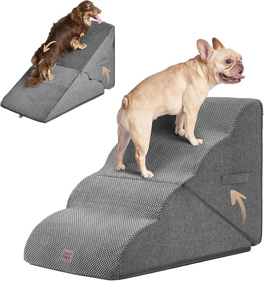 EHEYCIGA Curved Foldable Dog Stairs Ramp for High Beds 19.7" H, 4-Step Dog Steps for Small Dogs and Cats, Pet Stairs for High Bed Climbing, Non-Slip Balanced Pet Step Indoor, Grey