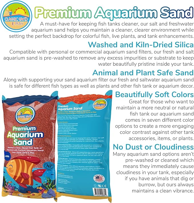 CLASSIC SAND & PLAY Natural Aquarium Sand for Freshwater and Saltwater Tanks, 40 lb. Bag, Improves Filter Life and Filtration Process, Pre-Washed Fine Sand, Orange