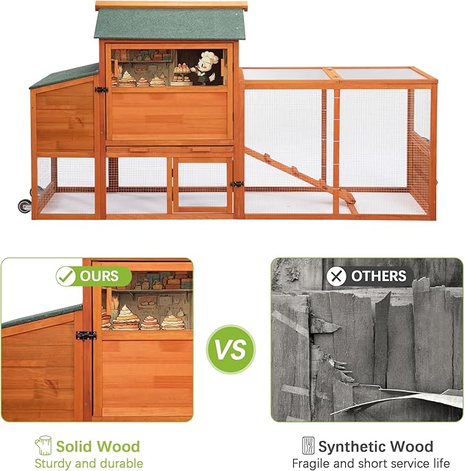 COZIWOW 82" Large Wooden Chicken Coop, Outdoor Rabbit Hutch with Wheels, Sunshine Board, Asphalt Roof, Ramp, Openable Top, Door, Window, Pull-Out Tray, Indoor Bunny Cage (Orange with Pattern)
