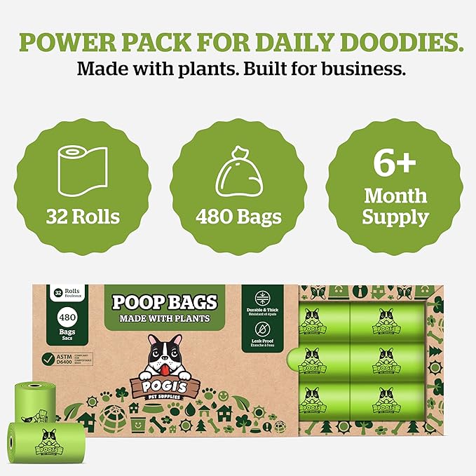 Pogi's Compostable Poop Bags – Leak-Proof, Extra-Large, Made with Plants – 32 Rolls (480 Bags)