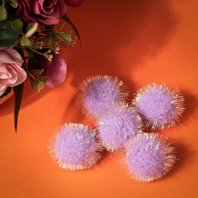 VAPKER 30 Pcs Cat Ball Toys Sparkle Balls Extra Large 2 Inch Cat's Favorite Chase Glitter Ball Glitter Tinsel Pom Poms Balls Purple Color