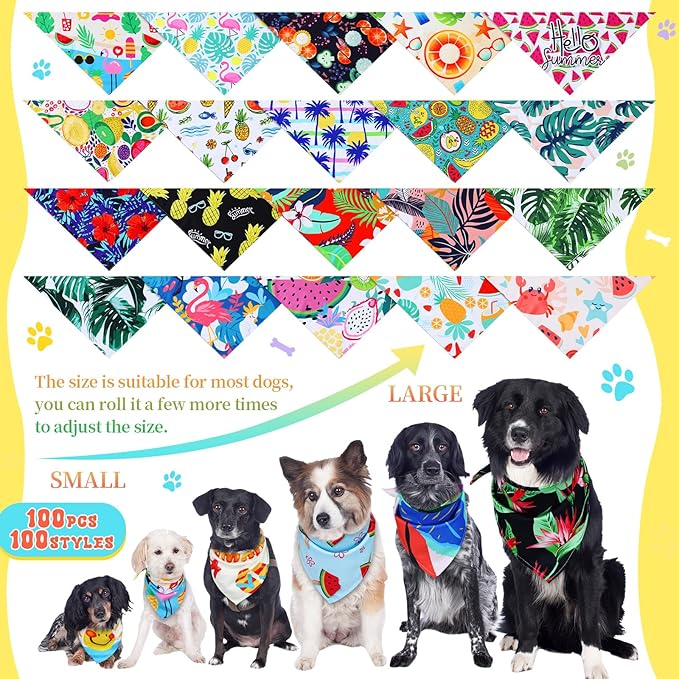 100 Pcs Hawaiian Dog Bandanas Bulk Pet Bibs Colorful Triangle Scarf Pet Bandanas for Medium Large Dogs Hawaiian Summer Luau Party Birthday Costume Decor