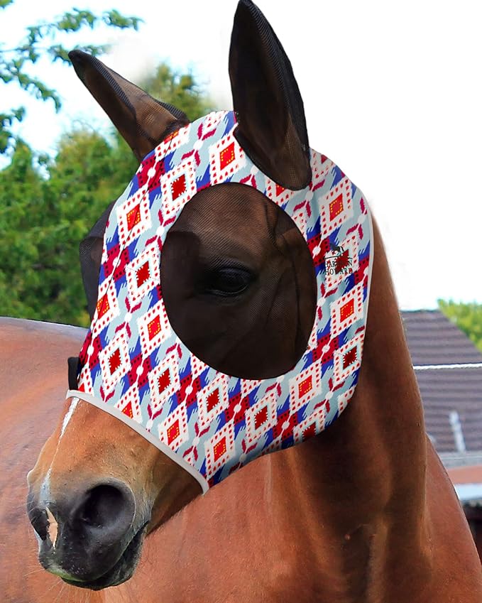 Harrison Howard Super Comfort Stretchy Fly Mask Large Eye Space with UV Protection Soft on Skin with Breathability Tribal Abstract XL Extra Full Size