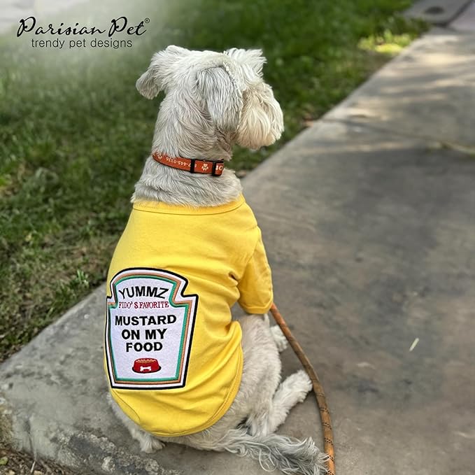 Parisian Pet Dog Shirt - Embroidered “Mustard on My Food“ - 100% Cotton and Polyester Dog Clothes - Sleeved, Lightweight Costume for Dogs - Yellow Dog Shirts for Large Dogs - Pet Costumes - 2XL