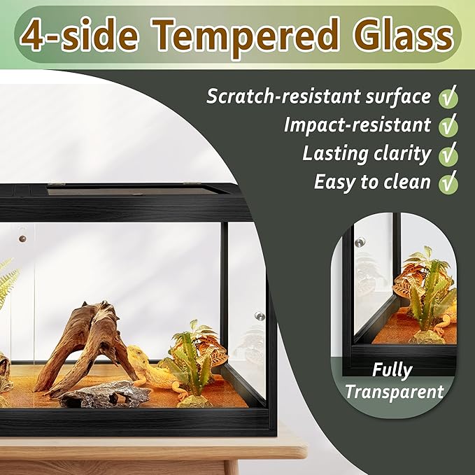 Bearded Dragon Tank,Tempered Glass Reptile Tank with Mesh Roof and Front Sliding Door,Anti-Scratch Lizard Tank,Spacious Reptile Enclosure for Snakes,Lguanas (Black, 63Gallons,40"x20"x20")