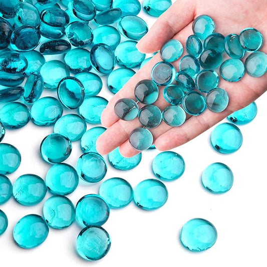 Sea Blue Glass Marbles, 0.97 LB Transparent and Smooth Flat Glass Beads for Vases, Mosaic Gem Pebbles for Aquarium Decor, Floral Arrangements, Mancala Stones, Vase Filler and Crafts,Approx. 80-100 PCS