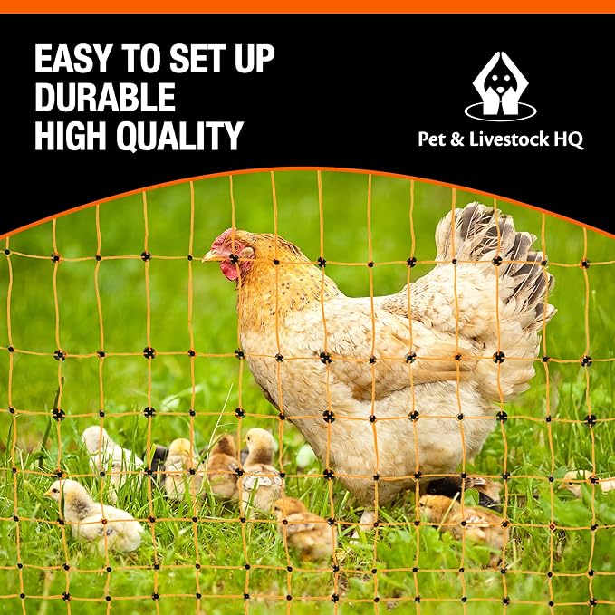 Pet & Livestock HQ Electric Fence Poultry Netting 48" x 164' - Portable Pre-Assembled Electric Net Fencing for Goats, Sheep, Lambs in Farms, Ranches, and Gardens (19 Posts, 2 Spikes)