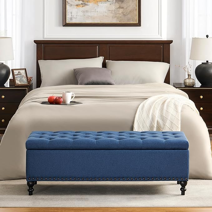 Ottoman with Storage,50.2-inch Upholstered End of Bed Storage Bench for Bedroom,for The Living Room,for Entryway, with Rivets & Button and Safety Hinges,Detachable (Blue)