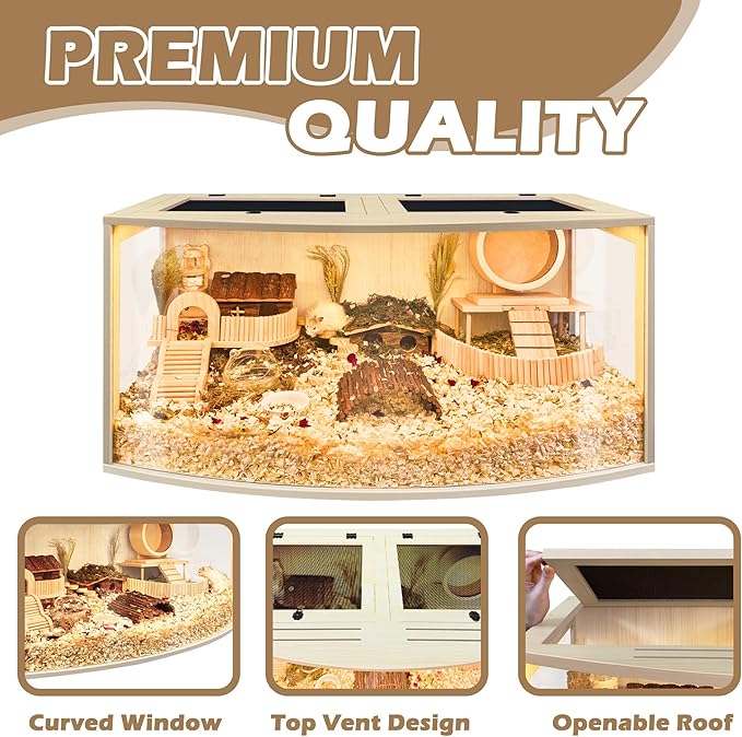 Hamster Cage Chew Proof Wood, Hamsters Enclosure Openable Top with Curved Design,Waterproof Small Animals Cage with Acrylic Sheets for Gerbils,Hamster Habitat(32 Inches)