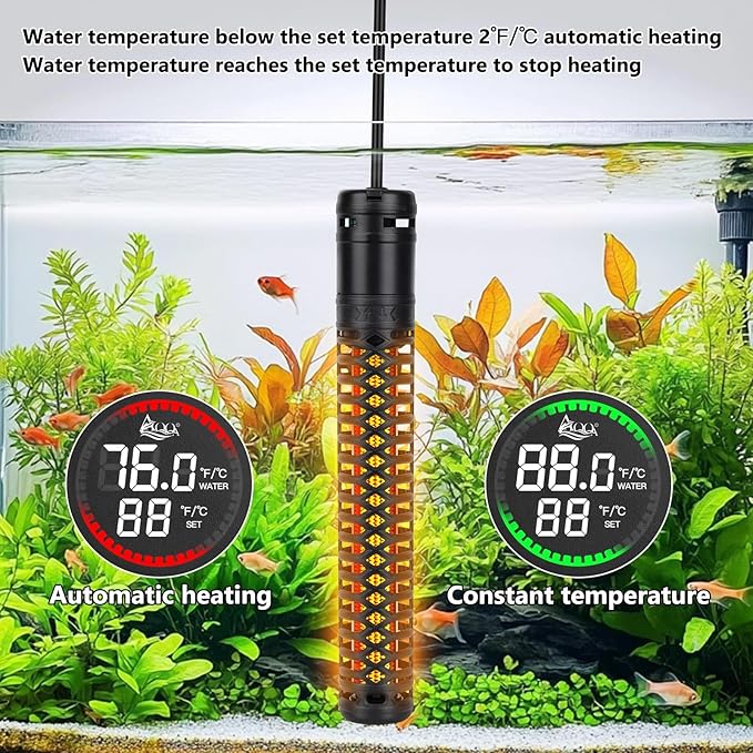 AQQA Aquarium Heater,Submersible Fish Tank Heater 59-93°F/15-34°C External Controller,Rapid Heating,Ultra-high Temperature Protection,Automatic Power-Off When Leaving Water (800W for 135-172 Gallon)
