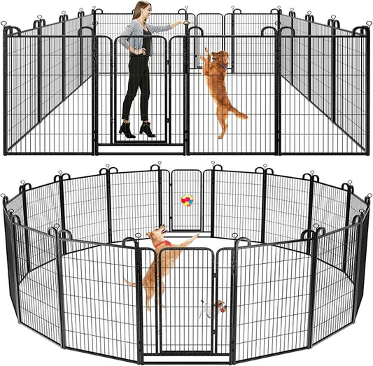 Dog Playpen Outdoor 16 Panels Heavy Duty Dog Fence 47" Height Anti-Rust with Doors Portable for RV Camping Yard, Total 36FT, 103 Sq.ft, Snowy Black