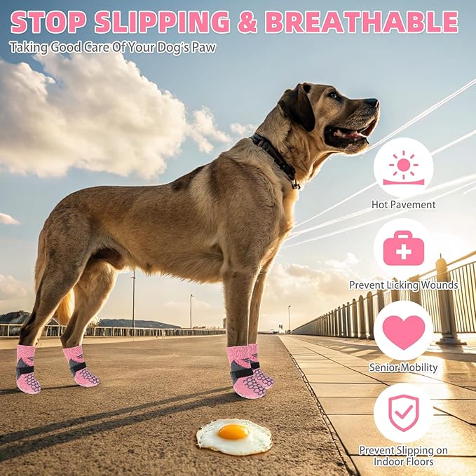 KOOLTAIL Dog Socks for Hot Pavement, Summer Breathable Dog Socks to Prevent Licking Paws, Non Slip Pet Boots & Paw Protectors for Hardwood Floor,Grippy Shoes for Small Medium Large Senior Dogs,Pink L