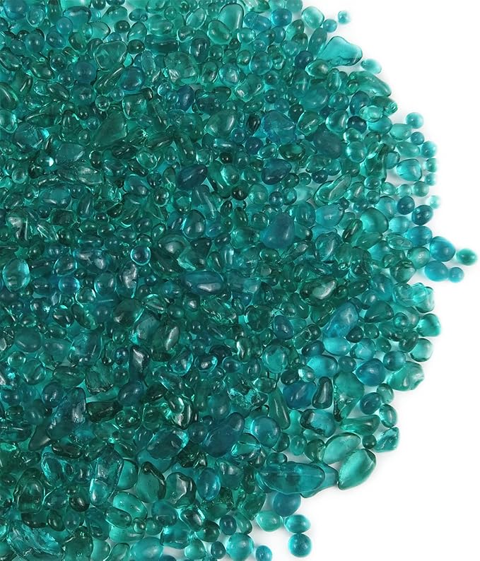 Lustering Decorative Round Glass Beads, Marbles, Pebbles, Gems for Fire Pit Crafts, Resin Art, Vase Filler, Fish Tank, Aquarium Garden Decoration, 3-6mm, 1-Pound (Turquoise)