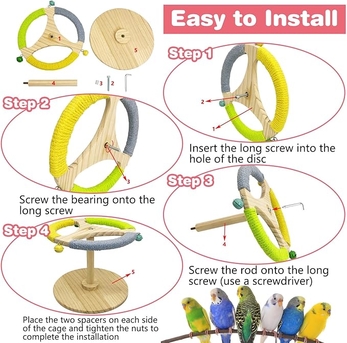 PINVNBY Bird Stand Perch Toy Wooden Spinning Parrot Perch with Cotton Rope and Bell Interactive Cockatiel Toy Bird Cage Accessories for Parakeets Conures Budgies Finches Lovebirds