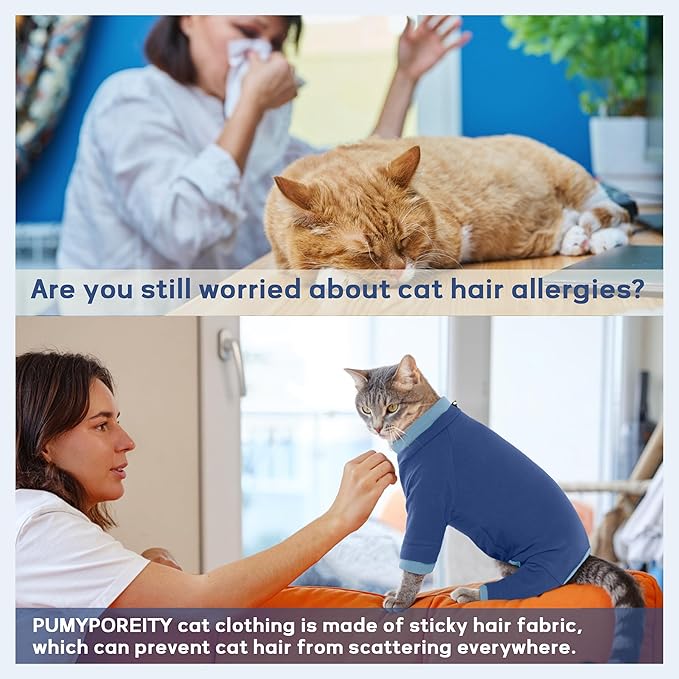 PUMYPOREITY Cat Hair Sticky Sweater, Recovery Suit - Breathable & Lightweight for Post-Surgery Protection, Cat Onsie Prevents Licking Wounds, Blue, 2XL