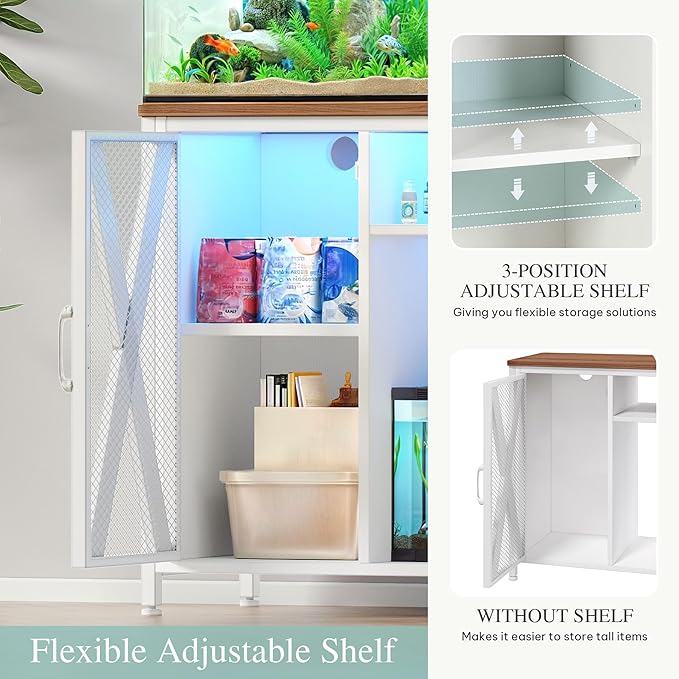 YITAHOME Fish Tank Stand with Power Outlets & LED Light, 20-29 Gallon Metal Aquarium Stand with Cabinet for Fish Tank Accessories Storage for Turtle, Reptile Terrarium, 350LBS Capacity, White
