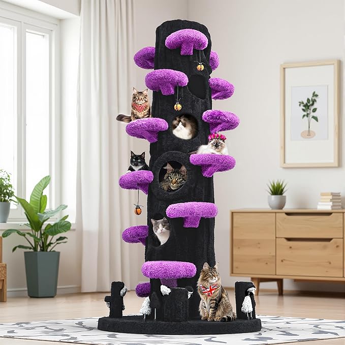 Super Large Cat Tree for Indoor Cats, All-in-One Tall Cats Tower with Scratching Post, Luxury Multi-Level Solid Wood Cat Condo for Multi-Cat Families (Purple)