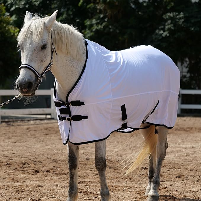 Horse Fly Sheet Equine Summer Sheets, Comfy Mesh Bug and Mosquito Protection Standard Neck - White 72"