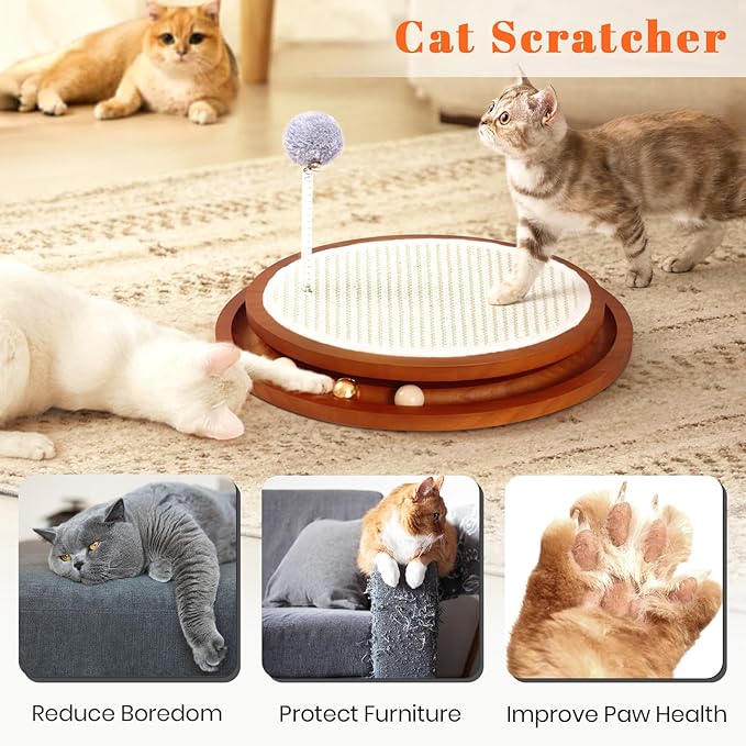 Cat Scratcher, Cat Cratch Sisal Pad with Wooden Roller Ball Toy, Cat Scratchers Interactive Toys for Indoor Cats, Satisfies Kitten’s Scratching, Chasing and Hunting