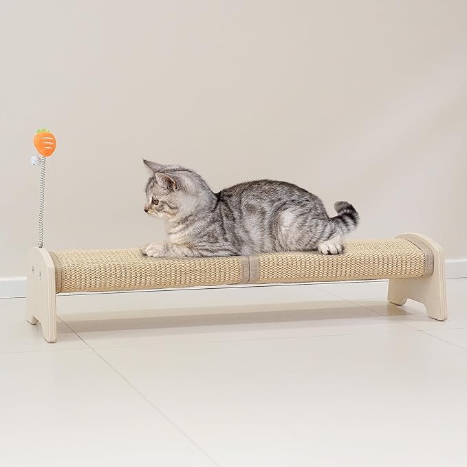 Cat Scratching Post, 30" Horizontal Sisal Scratch Post for Indoor Cats, Durable Cat Furniture Protector with Spring Toy