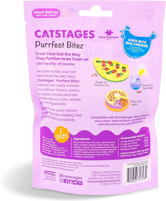 Catstages by Nina Ottosson Purrfect Bitez Natural Crunchy Cat Treats for Puzzles, Toys, Feeders, & Training, USA-Made, Real Chicken Flavor, 4oz (Pack of 2)