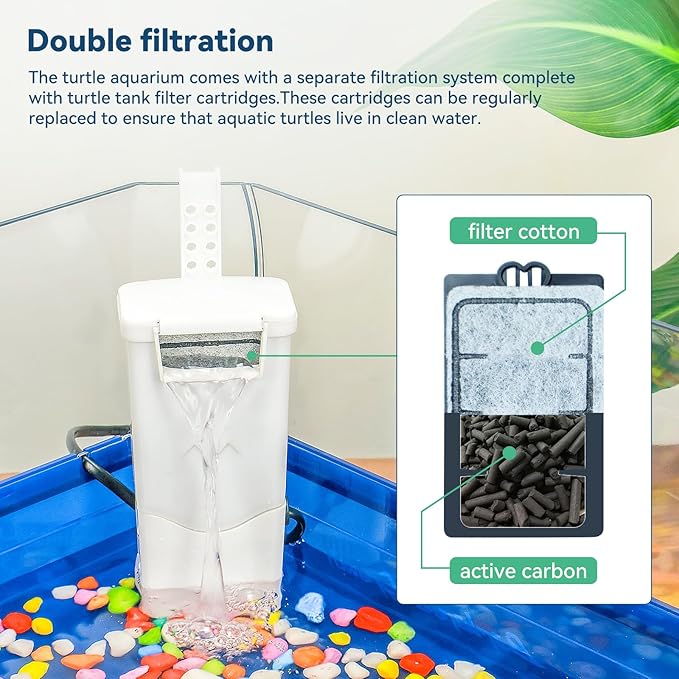 Aquatic Turtle Tank Habitat Kit Stone+Filter+Heat Lamp Enhancing Interaction with 360° Viewing, Standalone Filtration, DIY Creative Zone, Enriched Living (Blue, XL[Without Light])