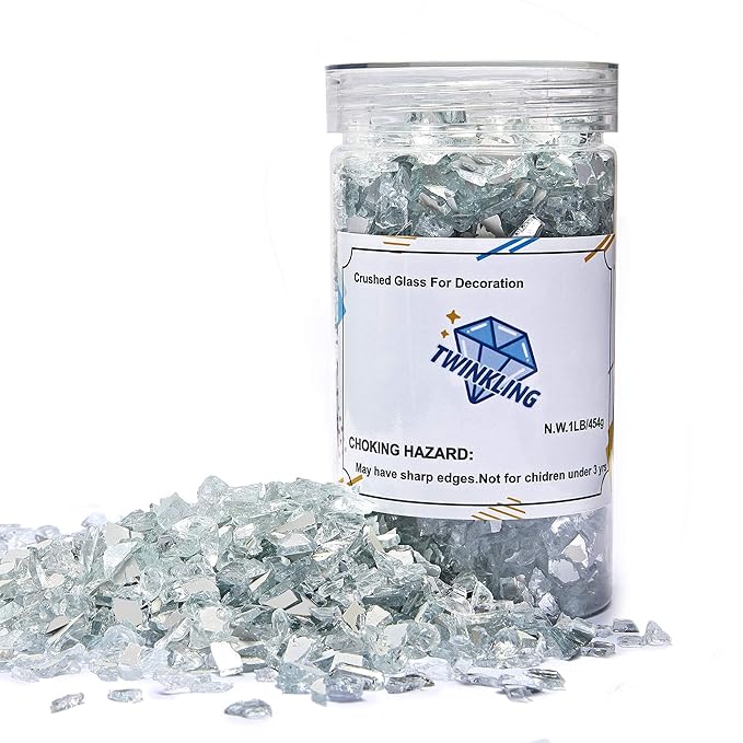 TWINKLING High Luster Fire Glass Gravel Stone Glitter,Broken Glass,Fire Gems Chips,Crushed Glass for Fire Pit Crafts Resin Art Aquarium Garden Decoration,3-6mm,1-Pound Jar (White-Backing Mirror)