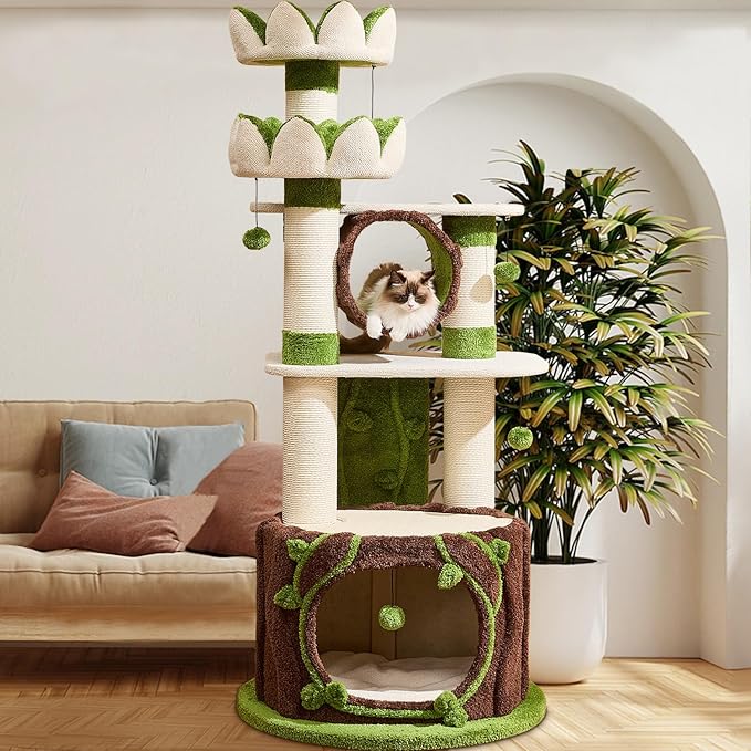 73‘’ Tall Flower Cat Tree for Indoor Cats Large Adult, Luxury Cat Tower with Scratching Post, Heavy Duty Modern Cat Furniture for Large Cats, Removable Mats, Multi-Level Cat House with Toy Ball