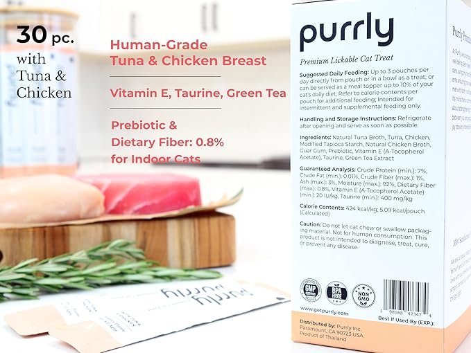 Purrly Healthy Premium Cat Treats Snack Topper Tuna Variety Bundle (90 Count) Lickable Wet Squeezable Hydrating Interactive Seafood Grain-Free Naturally Flavored Non-GMO No-Preservative