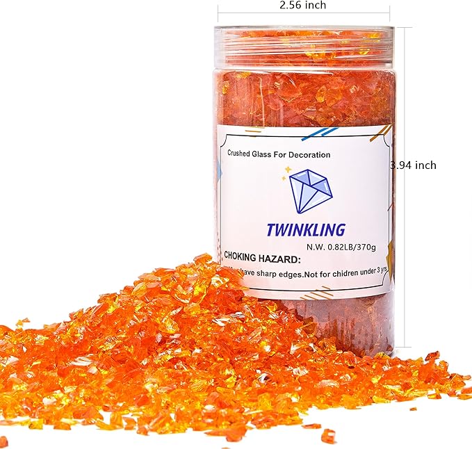 TWINKLING High Luster Crushed Glass Glitter, Broken Glass, Fire Glass Gems Chips for Fire Pit, DIY Resin Art, Epoxy Crafts, Geode Painting, Aquarium Decoration, 6-9mm(370g/13oz.) (Orange Red)