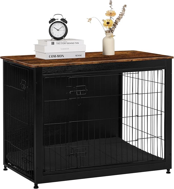 DWANTON Dog Crate Furniture with Cushion, Wooden Kennel Table with Double Doors, Indoor Dog House, Large Size, 38.5" L, Black+Rustic Brown