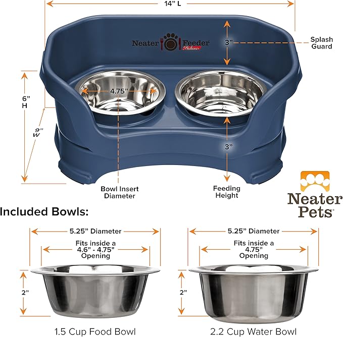 Neater Pet Brands Neater Feeder Deluxe Mess Proof Dog Bowls Elevated for Small Dogs Under 19 lbs, Made in USA, No Spill Raised Dog Food Bowl Stand Feeding Station, Food and Water Bowl Set, Dark Blue