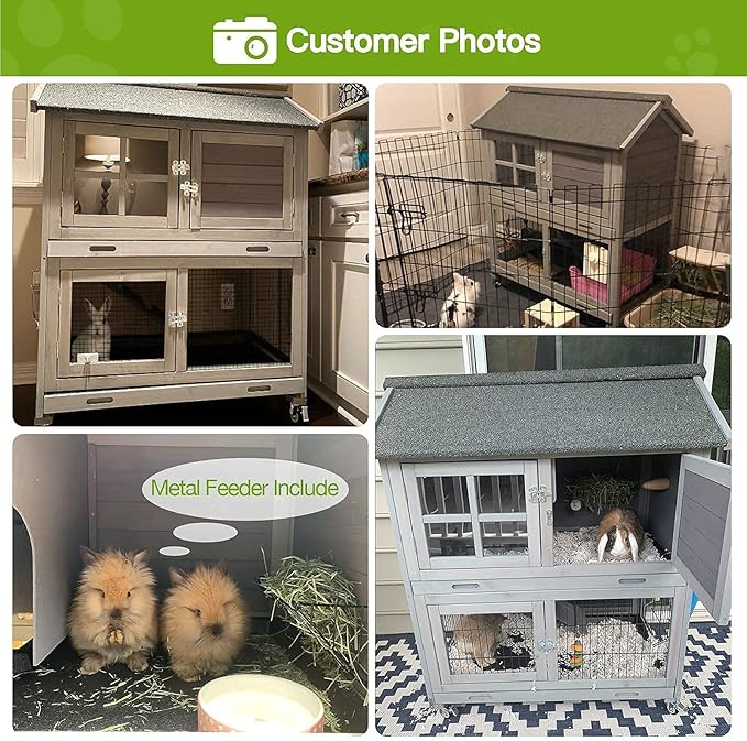 Rabbit Hutch Indoor Outdoor Bunny Cage Rabbit House with Movable Wire Netting, Guinea Pig Habitat On Wheels,Pull Out Leak Proof Tray L38.6 x D25.6 x H44.2