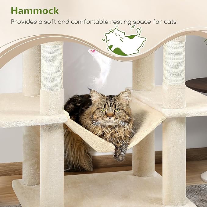 Globlazer Cat Tree Tower, 76-Inch Extra Tall Multi-Level Cat Furniture with Cozy Condos, Hammock and Perches for Adult Cats, Perfect for Climbing, Scratching, and Play, F76, Beige