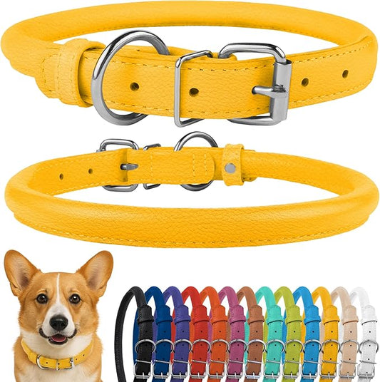 CollarDirect Rolled Leather Dog Collar, Soft Padded Round Puppy Collar, Handmade Genuine Leather Collar Dog Small Large Cat Collars 13 Colors (11-14 Inch, Yellow Textured)