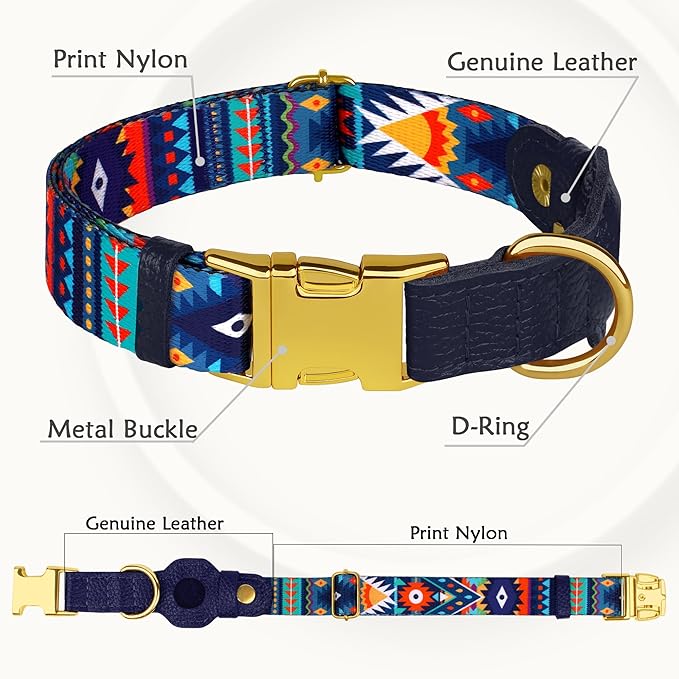 AirTag Dog Collar for Small Medium Large Breed - Adjustable Cute Pattern Dog Collar with Airtag Holder - Soft Leather Tracker GPS Apple Air Tag Pet Collars (X-Small, 9"-12" Neck Fit, Navajo)