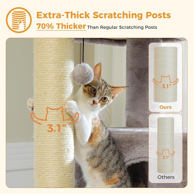 Large Cat Tree with Reinforced Scratching Posts (φ3.1in) for Big Adult Cats 30 lbs, 57.8" Heavy Duty Cat Tower with Larger Hammock and Condo, Cat Furniture for Maine Coon, Plush,Grey