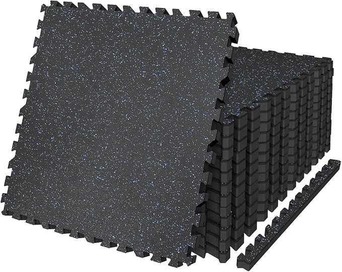 AIRHOP 0.79in Thick 24 Sq Ft Exercise Equipment Mats, 6 Tiles Upgraded Rubber Top with High Density EVA Foam, Large Interlocking Puzzle Gym Flooring for Home Gym, Heavy Weight Workout,Black & Blue
