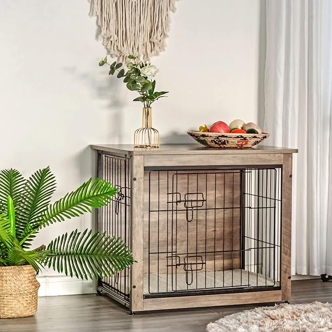 DWANTON Dog Crate Furniture with Cushion, Wooden Kennel Table with Double Doors, Indoor Dog House, Small/Medium/Large/Extra Large Size, 27.2" L, Greige