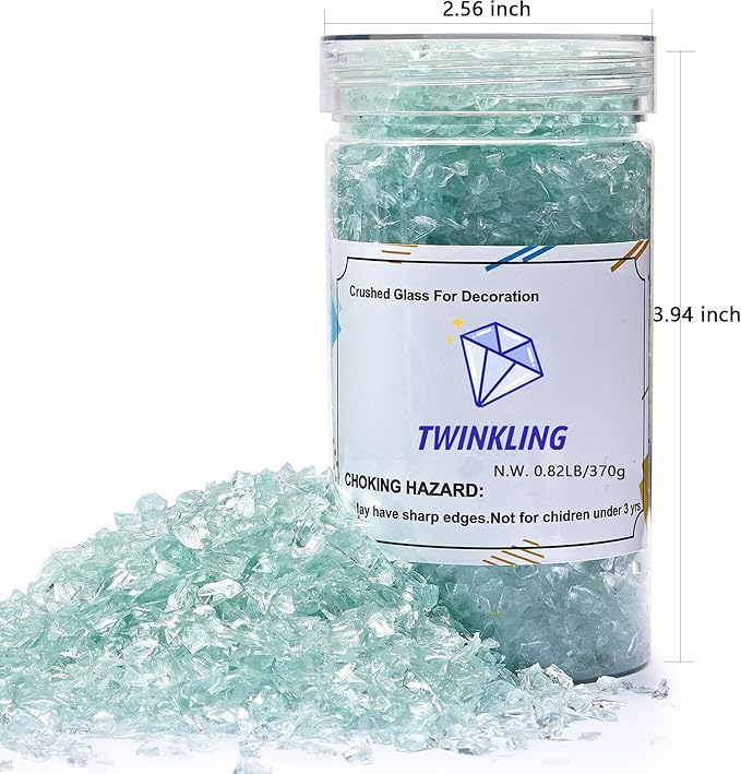 TWINKLING High Luster Crushed Glass Glitter, Broken Glass, Fire Glass Gems Chips for Fire Pit, DIY Resin Art, Epoxy Crafts, Geode Painting, Aquarium Decoration, 6-9mm(370g/13oz.) (Aqua)
